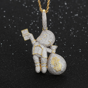 Pendentif en diamant de laboratoire à l'effigie d'un personnage de dessin animé, or 14 carats, design sac d'argent, collier de bijoux hip-hop - Product Image 3