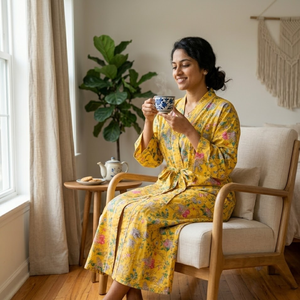 Bata de algodón con estampado floral amarillo, cuello en V, manga larga, estilo kimono, bata de baño larga con bolsillos y cinturón con cordón. - Product Image 5