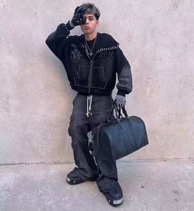 Sweat à capuche zippé respirant et pantalon de survêtement évasé pour homme, style streetwear Shadow Wash, personnalisable, avec broderie et patchwork imprimés effet vieilli - Product Image 3