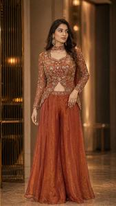Ensemble de mariage indien brodé en soie pour femme, pantalon palazzo long, tenue ethnique traditionnelle ample pour adultes - Product Image 1