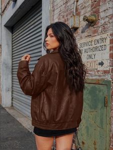 Chaqueta Bomber Casual Impermeable de Cuero PU Marrón para Mujer, Manga Larga, Cuello Camisero, Cierre de Cremallera, Estilo Otoñal - Product Image 2