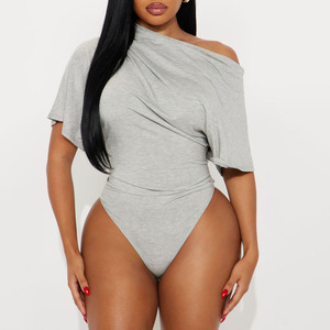 Vintage Lightweight Women's Cowl Neck Yoga One Piece Gray Bodysuit <b>Jumpsuit</b> Summer Ruched Design Outdoor Regular Gym Fitness Tee - Product Image 1