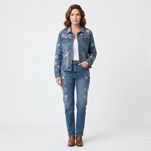 Women Blue Denim Jacket and <b>Jeans</b> Set Two Piece Casual Summer Y2K Straight Leg - Product Image 1