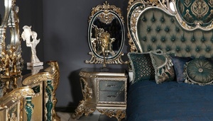 Ensemble de chambre à coucher de luxe en bois de teck massif vert émeraude, style mi-siècle, adapté aux appartements, avec sculptures dorées royales, lit Queen/California - Product Image 4