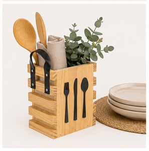 Eco-Friendly Bamboo Wooden Cutlery Holder With Leather Handles Portable 3-Compartment Utensil Caddy & Silverware Organizer - Product Image 2