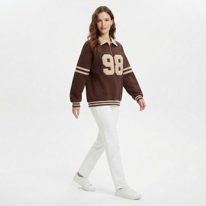 Sudadera de Forro Polar a Rayas Blancas y Moradas para Mujer, con Bordado de Letras Felices, Cuello Camisero, Manga Larga, Ropa Casual de Otoño - Product Image 3