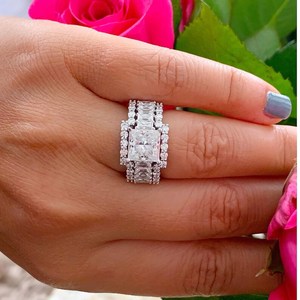 6MM Princess Cut Center And <b>Emerald</b> Cut Moissanite Three Band <b>Ring</b> 925 Sterling <b>Silver</b> Romantic Party Sparkly Charms - Product Image 1
