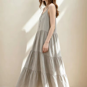 Robe maxi décontractée à volants en lin 100% écologique vert olive, couleur bonbon bohème, pour le printemps, l'été et l'automne - Product Image 1