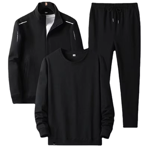 Ensemble de survêtement unisexe noir à manches longues, col rond, couleur unie, vêtements décontractés, automne, matière polyester respirante, coupe régulière - Product Image 1