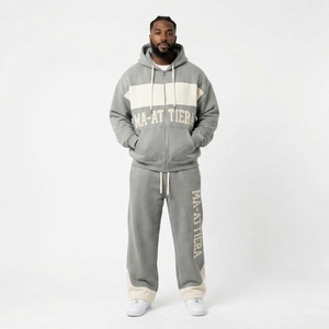 Ensemble de survêtement à capuche pour homme, gris, avec blocs de couleur, imprimé Ma-ATTiera, fermeture éclair intégrale, coupe ample, décontracté, sweat-shirt et pantalon - Product Image 1