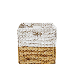 <b>Square</b> Woven Rattan Storage <b>Basket</b> Two-Tone White and Natural Handmade Minimalist Design for Living Room Organization - Product Image 3