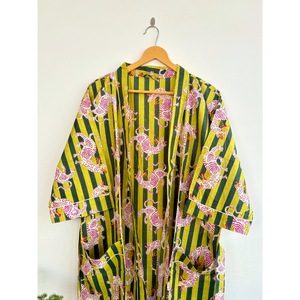 Printed <b>Animal</b> <b>Pattern</b> Breathable 100% Cotton Kimono Robe with Belt Long Sleeve Maxi Length Loose Fit Striped Design Cover-Up - Product Image 5