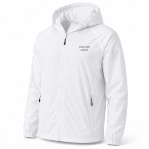 <b>Men's</b> <b>White</b> Hooded Windbreaker <b>Jacket</b> Quick Dry Zipper Closure Casual Style Solid Color Front Logo Nylon Windbreaker <b>Jacket</b> - Product Image 3