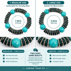 Pulsera elástica con cuentas de turquesa con detalles plateados y discos de color verde oscuro, joyería bohemia hecha a mano con piedras preciosas para mujer - Product Image 5