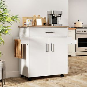 Carrello da Cucina Rotante in Marmo e Legno da 105 cm, Bianco, con Cassetto Portaoggetti, Armadietto, Porta Spezie e Portasciugamani - Product Image 5