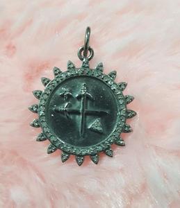 Colgante Cruzado con Diseño de Rayos de Sol, Plata de Ley 925, Diamante Natural de Corte Único, Chapado en Rodio Negro Vintage, 24x24MM - Product Image 2