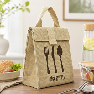 Sac à déjeuner isotherme en jute avec logo personnalisé et rabat supérieur, 19,5x24x10cm, doublure en aluminium, sac isotherme pour aliments, vente en gros, fabricant OEM, exportateur - Product Image 6