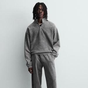 Men's Women's Oversized Half Zip Sweatshirt <b>Mock</b> <b>Neck</b> Plain Cotton Casual Streetwear <b>Top</b> Acid Wash - Product Image 5