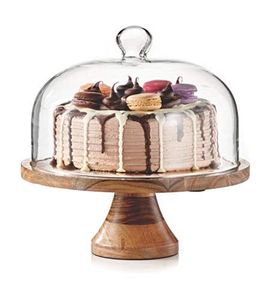 Acacia Wood Cake Stand with Glass Dome <b>Brown</b> Handcrafted Cake Display Stand Multipurpose Serving Platter with Glass - Product Image 3