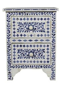 Contemporary blue and white botanical design bedside <b>chest</b> functioning as a decorative <b>2</b> <b>drawer</b> Capiz nightstand unit - Product Image 3