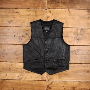 Gilet de motard en cuir véritable patchwork, style vintage noir sans manches, avec boutons et poches. - Product Image 1