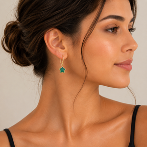 Boucles d'oreilles en onyx vert 27-28 mm en forme d'étoile avec fil d'oreille en argent sterling 925 plaqué or 18 carats - Product Image 5