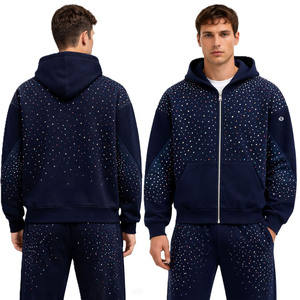 เสื้อฮู้ดซิปผู้ชาย แบรนด์ OEM สไตล์สตรีทแวร์ ผ้าฝ้ายแท้เนื้อหนา GSM สูง ตกแต่งด้วยคริสตัล ทรงปกติ น้ำหนักมาก ทันสมัย - Product Image 1