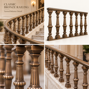 Rampe en bronze classique avec balustres cannelés tournés et colliers bombés, main courante et balustrade en métal - Product Image 5