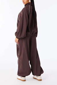 Women's brown windbreaker Waterproof Tracksuit set <b>Zipper</b> <b>Top</b> Jacket loose Pants white line piping windbreaker set modern women - Product Image 3