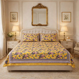 Jaipur Floral Block Print <b>King</b> <b>Size</b> Cotton Bedsheet 3 PC Set 200TC Soft Durable Sustainable Skin Friendly Non Toxic Dye Home - Product Image 5