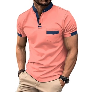 2024 Hot male stand collar color sólido de manga corta Henry camisa, bolsillo en el pecho ocio entretenimiento hombres POLO camisa - Product Image 4