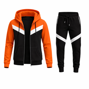 Conjunto Deportivo Informal para Hombre, Sudadera con Capucha en Contraste Naranja y Negro, Chaqueta con Cierre y Pantalones Jogger Ajustados, para Gimnasio y Fitness - Product Image 3