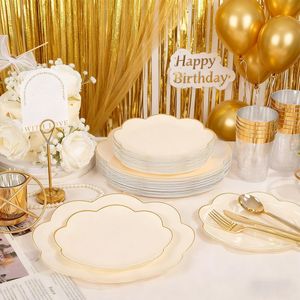 EI 180pcs Beige Plastic <b>Dinnerware</b> <b>Set</b> 30 Heavy-Duty Disposable Party Plates with Gold Plastic Silverware for Parties - Product Image 5