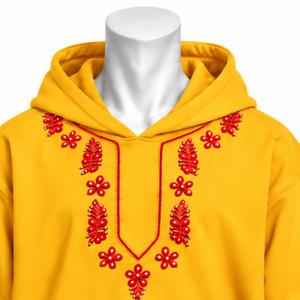 Sweat à capuche brodé Indus jaune doré, motif floral, poche kangourou, coupe décontractée, streetwear décontracté, hiver - Product Image 3