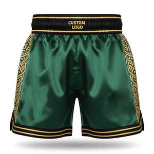 กางเกงชกมวยสีเขียวเมทัลลิกทอง คุณภาพพรีเมียม ผลิตจากโพลีเอสเตอร์ระบายอากาศได้ดี รับผลิตแบบ OEM/ODM พร้อมบริการสกรีนโลโก้ สำหรับมืออาชีพ - Product Image 1