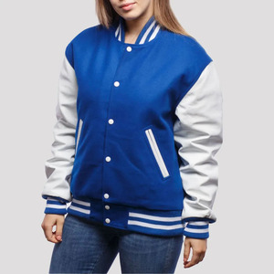 Blouson Bomber Varsity Premium pour Femme en Laine et Cuir – Corps en Laine, Manches en Cuir, Poignets Côtelés et Boutons-Pression - Product Image 1