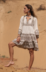 Women Boho Embroidered Eco-Friendly Plain Dyed Knee-Length Loose Fit V Neck Solid Plaid Long Sleeve Natural Waist Sashes <b>Beach</b> - Product Image 4