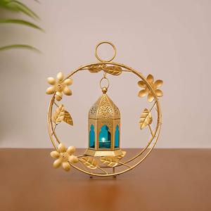 Gold Metal <b>Hanging</b> Lantern Candle <b>Holder</b> Floral Leaf Decorative <b>Tealight</b> Lantern for Home Living Room Wedding Party & Ramadan - Product Image 3