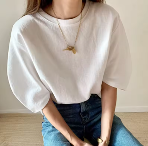 Camiseta de algodón nueva de verano para mujer, elástica, holgada, blanca, de manga corta - Product Image 4