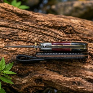 มีดพับดามัสกัส ด้ามไม้สองสีแดงดำ  พร้อมบอสเทอร์เหล็ก  ทำด้วยมือ  มีดพกพา EDC - Product Image 5