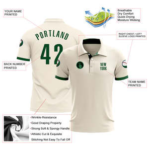 Polo personnalisé à manches courtes pour homme, couleur crème, bordure verte, nom et numéro imprimés - Product Image 3