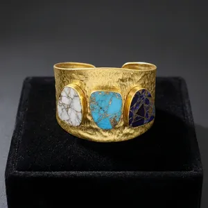 Bracelet Hip Hop en Cuivre Mohave et Turquoise, Bijou en Laiton Plaqué Or 18 carats avec Texture Martelée, Manchette Ouverte Tendance - Product Image 6