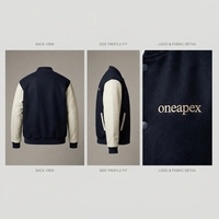 Blouson Bomber Homme en Laine Bleu Marine avec Manches Crème, Logo Personnalisé, Col et Poignets en Tricot Côtelé, Fermeture à Boutons Pression, Style Streetwear Premium