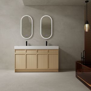 Mobile bagno freestanding bianco da 60 pollici con doppio lavabo in resina e 4 ante con chiusura ammortizzata, imballaggio KD - Product Image 1