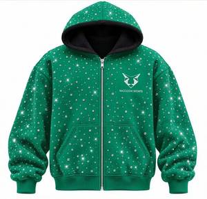 Sudadera con capucha verde con cremallera y perlas decorativas, chaqueta estilo streetwear con perlas incrustadas, sudadera con capucha de manga larga con bolsillos frontales - Product Image 1
