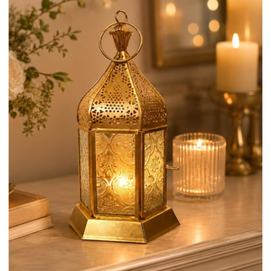 Lanterne cylindrique en métal orientale avec découpe géométrique en forme de croissant de lune, porte-bougie, décoration pour la maison, Ramadan, Eid - Product Image 1