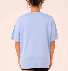 T-shirt ample à col rond pour femme, bleu clair uni, coupe ample, manches courtes, 100% coton jersey, pour le printemps et l'été - Product Image 2