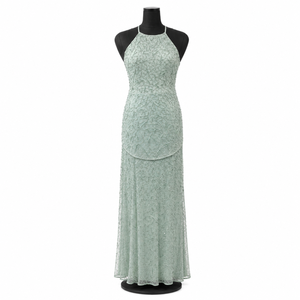 Women Mint Green Beaded Halter Neck Maxi Dress Sleeveless Embellished Evening Gown Elegant Wedding Party Prom Formal Occasion - Product Image 1