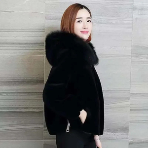 Womens Black Plush Hooded <b>Coat</b> Cashmere Thick Warm Short Jacket Korean Style Winter - Product Image 4