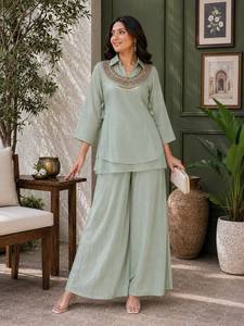 Ensemble indien pakistanais vert menthe brodé, coupe ample, Kurta et Pantay imprimés, tenue tissée pour femme, idéal pour les fêtes et les tenues décontractées - Product Image 3